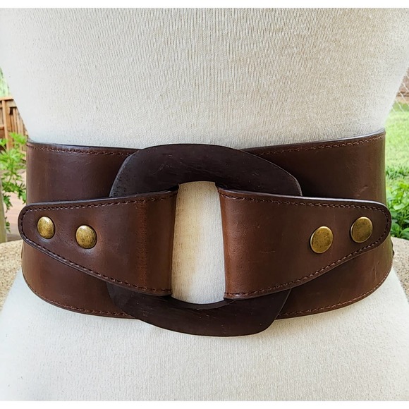 Belgo Lux Extra Wide Leather & Wooden Beaded Stretch Belt S - Picture 2 of 5